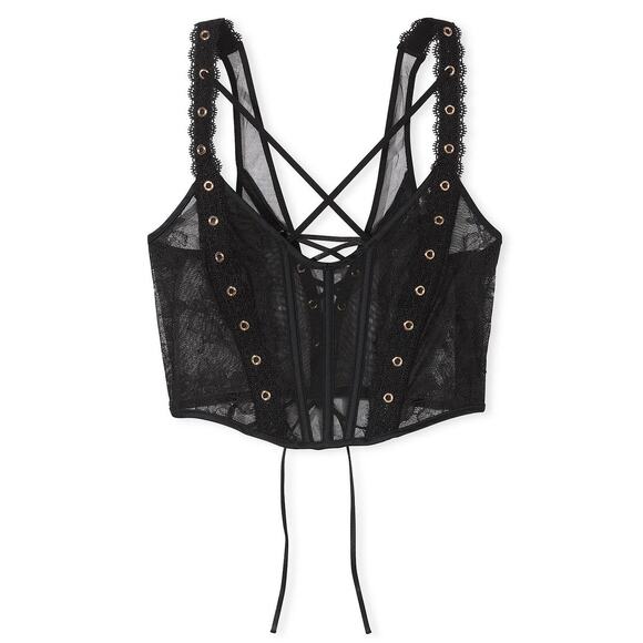 VS Very Sexy Rose Lace Grommet Strappy Corset N Smooth Adjustable Thong Panty M - Picture 4 of 12